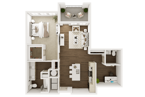 Floor plan for 1 bed, 1.5 baths, 936 sqft